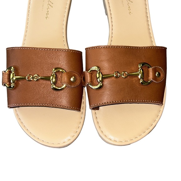 Avellini Italy Cognac Brown Faux Leather Gold Chain Bit Sandals Slides - 6.5 - Picture 8 of 15